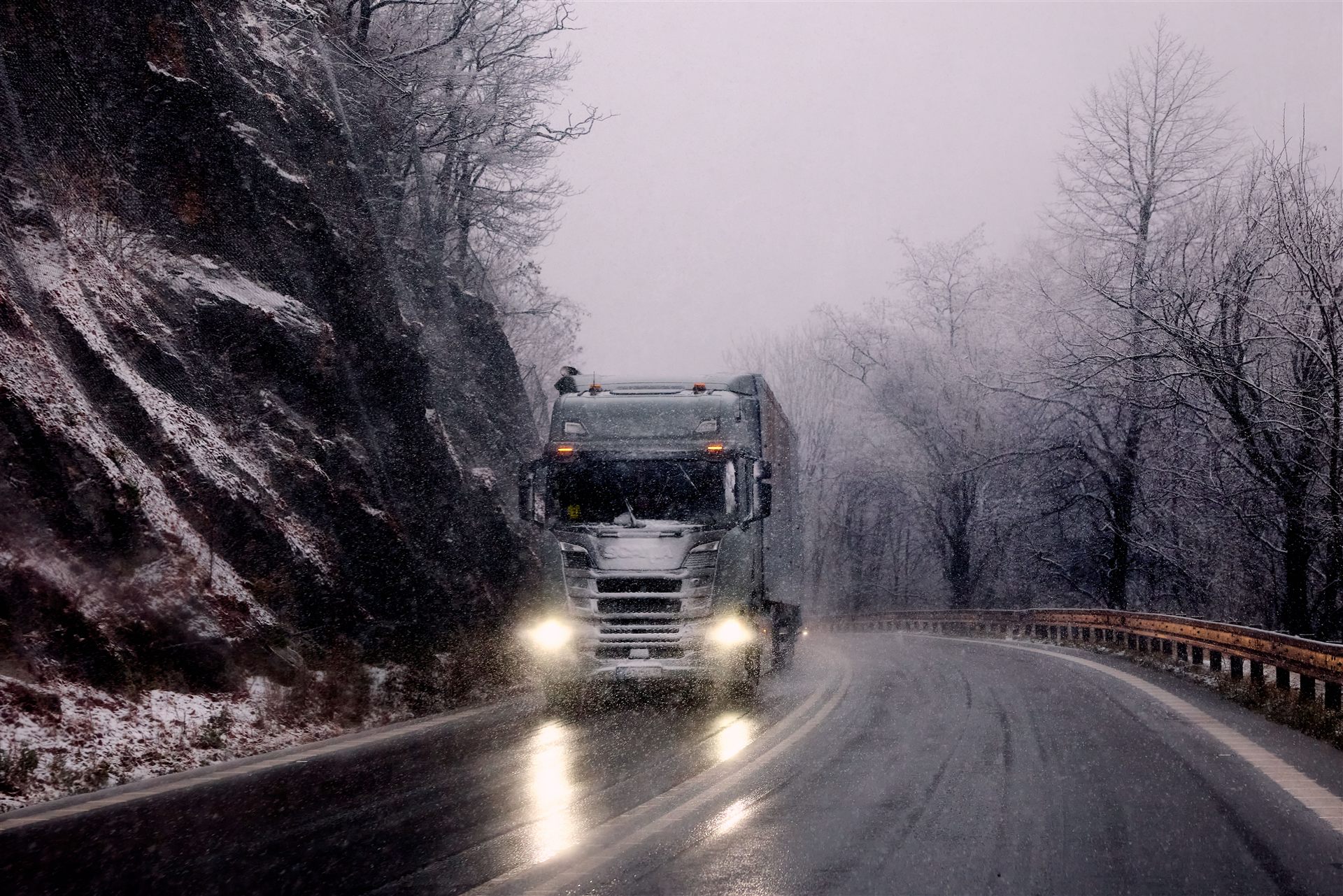 Truck driving through winter weather, tracked via GPS